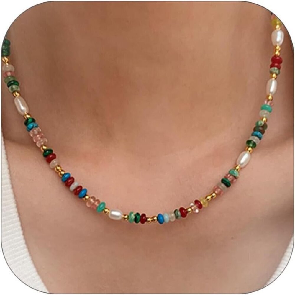 Colorful Beaded Necklace Women Natural Stone Pearl Boho Rainbow Choker Jewelry